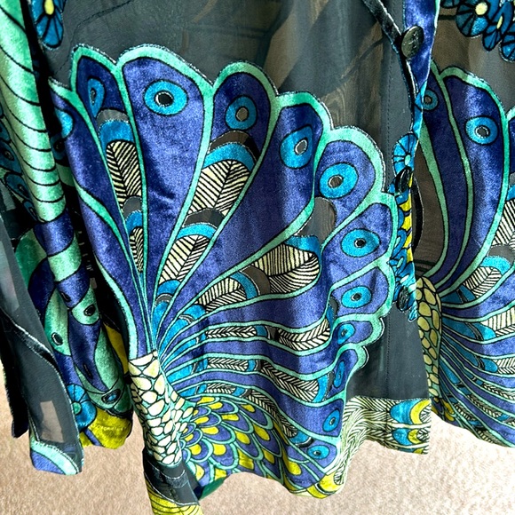 NWOT.  Citron vibrant & sheer blouse. Lightweight with a peacock colored design. - Picture 8 of 11